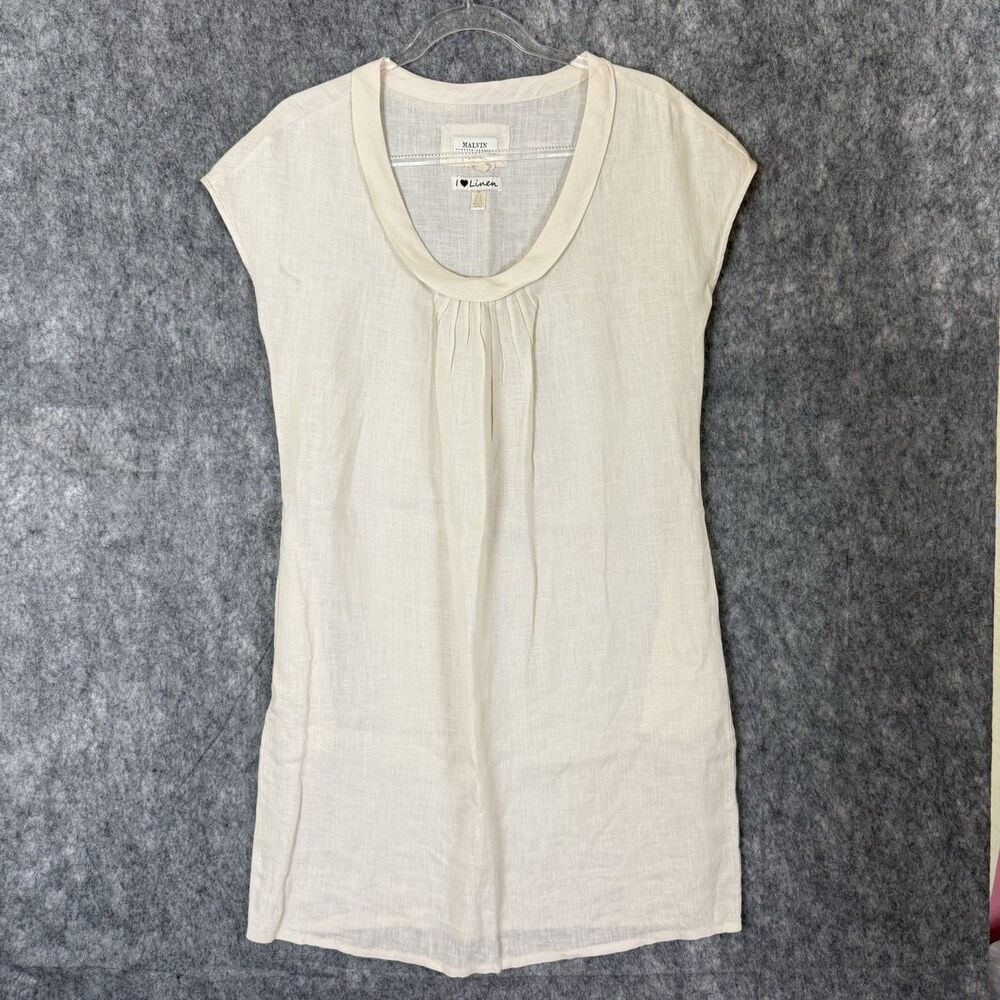 Malvin I love Linen Midi Dress Cap Sleeve Pockets Scoop Boho Minimalist Cream, M